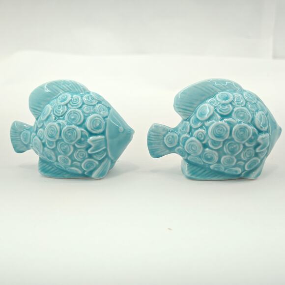 Pier 1 Imports Ceramic Fish Salt & Pepper Shakers Blue w Stoppers - Picture 1 of 5
